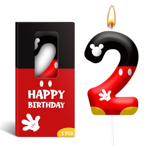 Red Black Digital Birthday Candle Number 2 Red Cartoon Mouse Themed Cake Topper Candle Party Decoration Supplies Birthday Party Cake Decoration (Number 2)