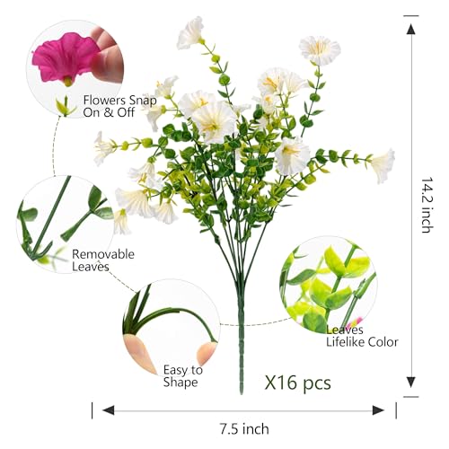 Artificial Fake Flowers For Outdoor Outside Decoration,16 Bundles UV Resistant Faux Plastic White Flowers with Green Eucalyptus Stem Plants Bulk Look Real for Home Porch yard Patio Planters (White)