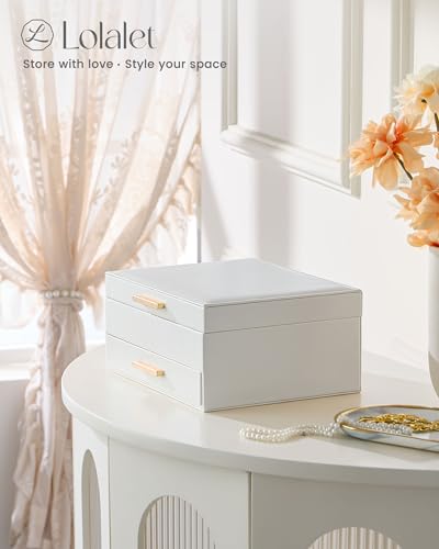 Lolalet 2-Layer Jewelry Box Organizer for Women Girls, Jewelry Storage Case Holder with Drawers for Necklaces Ring Earrings Bracelet Watch, Gifts Choice for Mom Mother’s Day -Beige