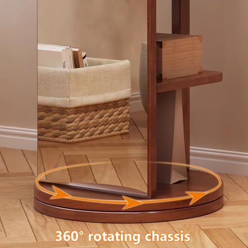 Floor-Standing Solid Wood Rotating Coat Rack，360° Rotating Full Length Mirror with Coat Rack - 2 in 1 Solid Wood Floor Mirror for Bedroom & Living Room, Stylish Space-Saving Design, Function