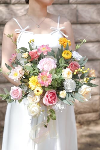 Artificial Flower Assortment for DIY Centerpiece Arrangement Wedding Hand Bouquet Flower Bouquet Centerpiece Arrangement Party Baby Shower Home Decoration (Pink Yellow)