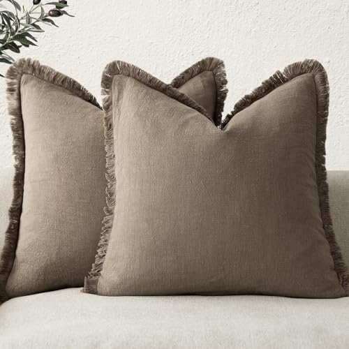 Foindtower Decorative Linen Fringe Throw Pillow Covers 26×26 Light Brown
