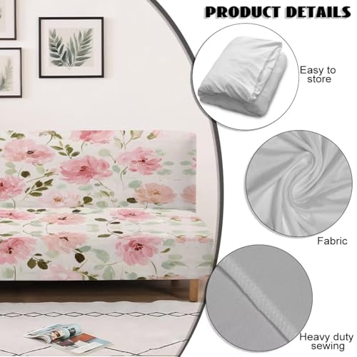 Futon Cover Pink Floral Armless Sofa Cover Stretch Futon Slipcovers for Home Decor Washable Furniture Protector Covers with Elastic Bottom