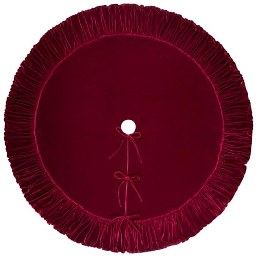 Ruffled Velvet Christmas Tree Skirt with Foam Padding, Nylon Backing and Lace-Up Tie Closure (Burgundy, 72-Inch)