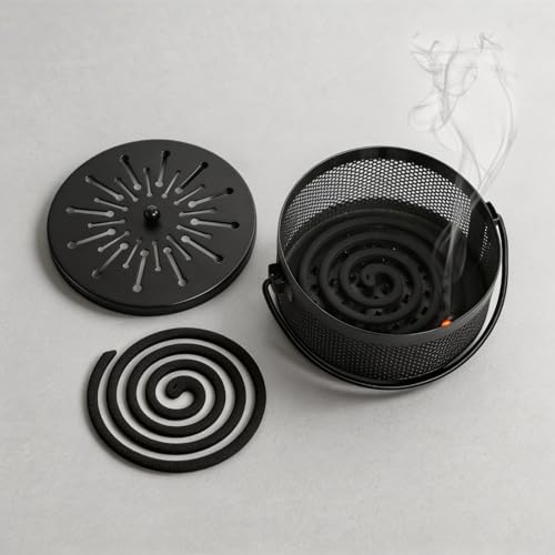 Elsjoy 2 Pack Mosquito Coil Holder with Lid and Handle, Portable Incense Coil Burner Metal Mosquito Incense Holder for Indoor & Outdoor Camping
