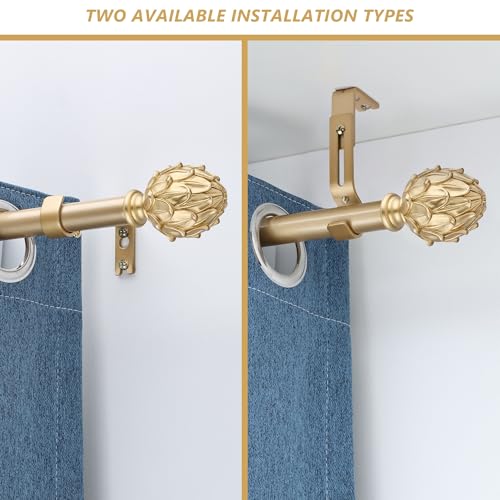 Curtain Rods for Windows 66 to 120 Inches 1 Inch Diameter Adjustable Drapery Rod Decorative Single Window Curtain Rods with Classic Finials, Gold