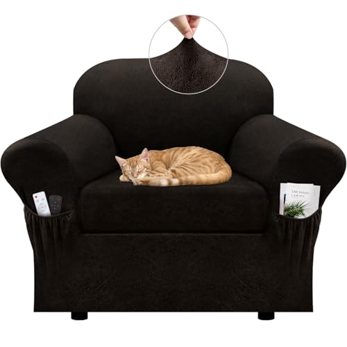 Chair Slipcover with Armrest Pockets 2-Piece Set, Stretch Faux Leather Chair Cover for Armchairs(Fits 31-45") - Non-Slip, Machine Washable, Pet & Kid Friendly - Coffee