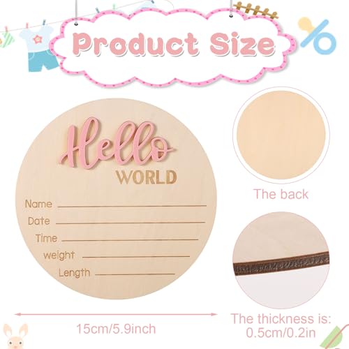 Baby Announcement Sign, 5.9in Wooden Hello World Newborn Signs Birth Announcement Sign Welcome Name Plaques for Newborn Boys and Girls Photo Props Baby Shower Hospital Nursery (Light Pink)