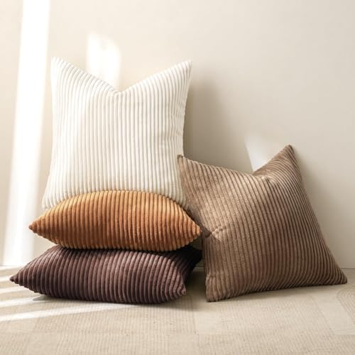 MIULEE Boho Farmhouse Throw Pillow Covers 18x18 Inch Set of 4 Rustic Mordern Neutral Cushion Covers Soft Corduroy Nordic Home Decor for Couch Bed Sofa Living Room Brown