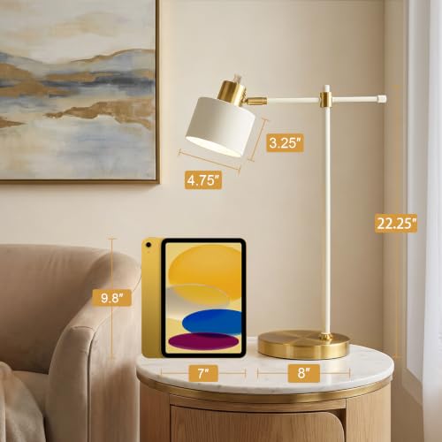 22.2" Modern Desk Lamp, Metal Table Lamp with LED Bulb, Adjustable Reading Lamps for Living Room, Mid Century Task Lamp for Home Office, Industrial Bedside Lamps, Cream and Gold