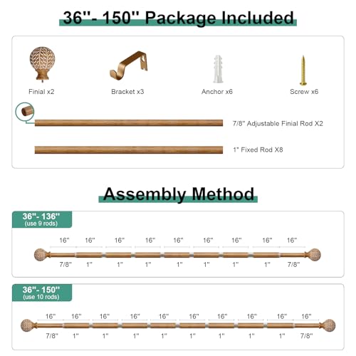 QDWIS Imitation Wood Grain Curtain Rods for Windows 72 to 144 Inch,1 Inch Heavy Duty Adjustable Wood Curtain Rod,Boho Decorative Drapery Rods Set with Brackets,Size:36''-150''