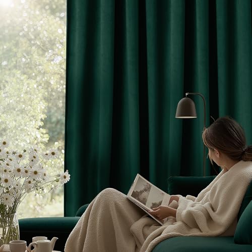 SimpleHome Dark Green Velvet Curtains 96 Inches for Living Room,Rod Pocket Luxury Blackout Velvet Curtains Thermal Insulated 2 Panels Room Darkening Drapes,W40 x L96