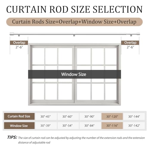 1” Diameter Silver Curtain Rods for Windows, 1 Pack 30-120 Inch Heavy Duty Window Treatment Rods, Long Adjustable Curtain Rod, Fits Most Standard Windows, Suitable for Bedroom, Living Room, Farmhouse