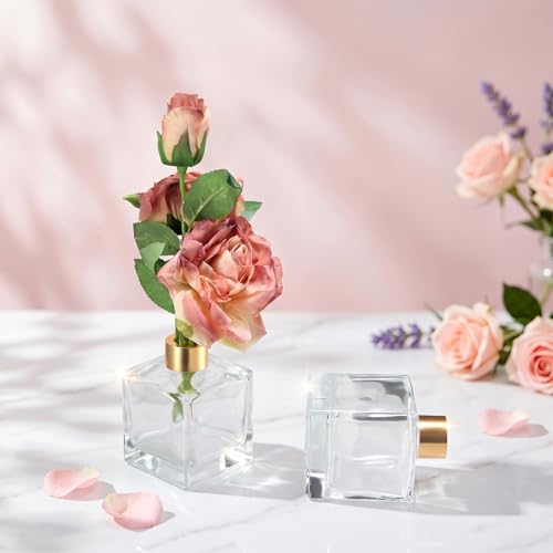 Squre Glass Diffuser Bottles with Gold Caps, Set of 4-3.7" High,200ml 6.7 fl oz. Fragrance Accessories Use for DIY Replacement Reed Diffuser Sets