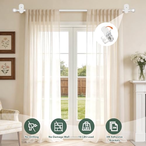 USFOOK Curtain Rods No Drilling 32 to 58 Inches, 5/8 Inch No Drill Curtain Rods for Windows with 3M Adhesive Brackets, Renter Friendly Drapery Pole with White Round Finials