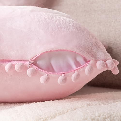 PAVILIA Light Pink Throw Pillow Covers with Pom Pom 18x18 Set of 2, Decorative Pillow Cases for Bedroom Aesthetic, Small Throw Pillows Set for Bed, Velvet Euro Plush Cushion Covers for Sofa Couch