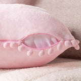 PAVILIA Light Pink Throw Pillow Covers with Pom Pom 18x18 Set of 2, Decorative Pillow Cases for Bedroom Aesthetic, Small Throw Pillows Set for Bed, Velvet Euro Plush Cushion Covers for Sofa Couch