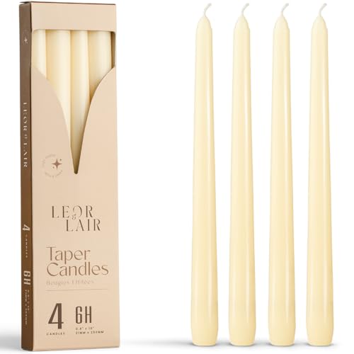 Leor & Lair Ivory Taper Candles - 4 Pack 10" Ivory Candlesticks - Unscented Cream Candle Sticks for Home Decoration, Holiday Tables, Weddings, Restaurants & Business Events