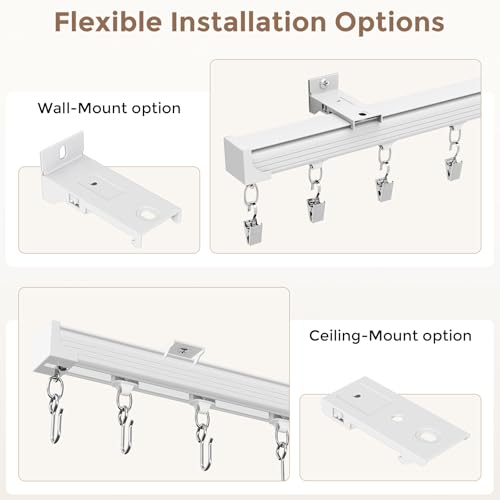 Ceiling Curtain Track 6–9 ft White - Heavy Duty Ceiling/Wall Mount Curtain Rail/Rod System, 30 Quiet-Glide Rollers, 30 Hooks, 30 Clips, Room Divider for Living Room, Bathroom or Hospital