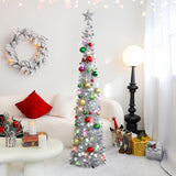 N&T NIETING Pop Up Christmas Tree with Lights & 30 Balls, 5Ft Collapsible Silver Tinsel Christmas Tree Decoration for Holiday Home Office Decor