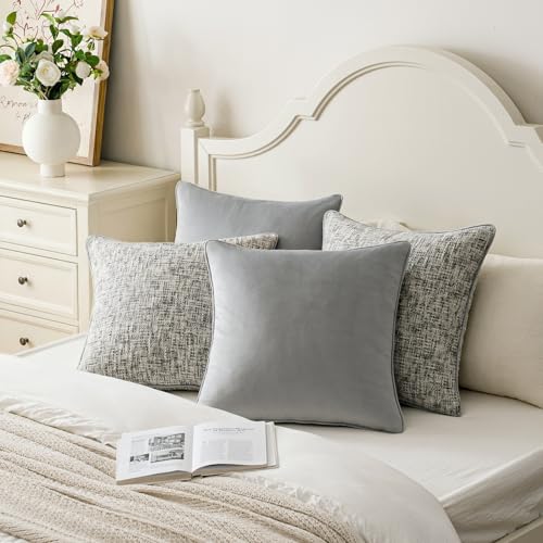 a moment Grey 4 Pack Throw Pillow Covers - Chenille & Velvet Set with Piping, Farmhouse Textured Design Pillow Cases for Couch Sofa Bed Livingroom (20x20 Inch, No Insert)