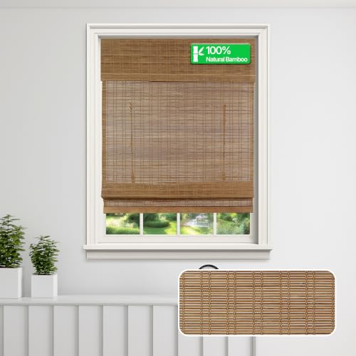 CALYX INTERIORS Cordless Bamboo Roman Shade Blind, Light Filtering, 27" W x 64" H, Ceylon Chestnut