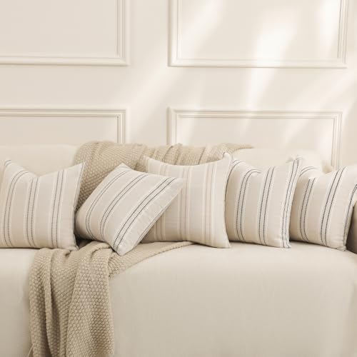 Hckot Throw Pillow Covers 20x20 Set of 2 Striped Pillow Covers Textured Linen Decorative Pillows Square Cushion Covers for Sofa Couch Bed Living Room Farmhouse Decor, Grey