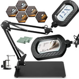 12X Square Magnifying Glass with Light and Stand with 144 LEDs Brightness, 5 Color Modes Hands Free Lighted Magnifying Glass, 10 Dimmable Brightness Magnifying Desk Lamp for Close Work Craft Reading