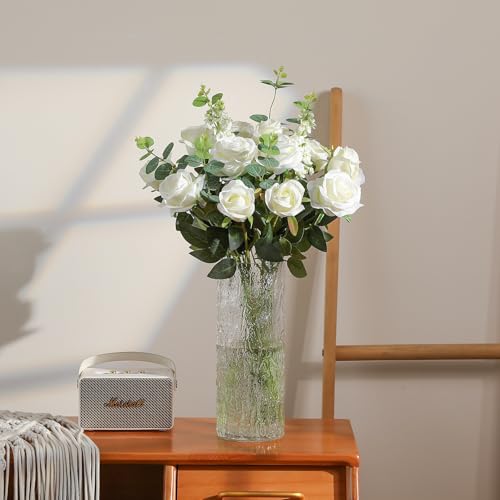 Hawesome 12PCS Artificial Silk Flowers Realistic Roses Bouquet Long Stem for Home Wedding Decoration Party (White, 6 Flowers 6 Buds)