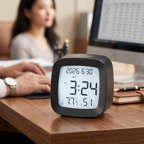 Digital Alarm Clock with Backlight, Snooze, Temp & Humidity Display,Black | Time, Date & Weekday Temperature & Humidity Touch Backlight 5-Minute Snooze,Battery Operation Long Battery Life