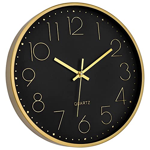 Foxtop Black Gold Wall Clock 12 Inch Silent Non-Ticking Battery Operated Round Quartz Modern Wall Clock for Living Room Kitchen Bedroom Home Office School Decor