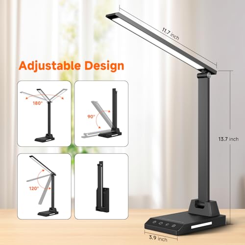 LED Desk Lamp with USB-C Charging Port, Dimmable Desk Lamp for Home Office, Eye-Caring Reading Lamp with 25 Lighting Modes, Small Desk Light for Bedroom Nightstand with Adapter