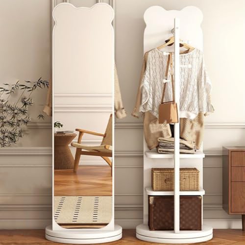 Bear-Shaped Full-Length Floor Mirror with Coat Rack & Storage Shelf, 36x166cm, 360° Rotating, Durable Thickened Solid Wood (Walnut) - Cute Home Decor Accent