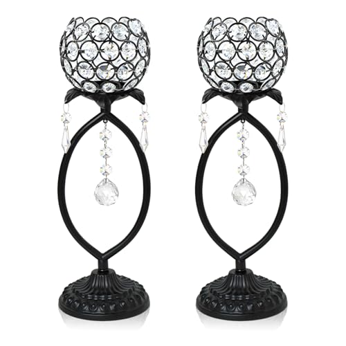 2 Pcs Elegant Metal Crystal Tea Light Candle Holders with Crystal Pendants, Hollow Design - Wedding Table Centerpieces for Anniversary Birthday Party, Home Decor (2, Black)