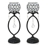 2 Pcs Elegant Metal Crystal Tea Light Candle Holders with Crystal Pendants, Hollow Design - Wedding Table Centerpieces for Anniversary Birthday Party, Home Decor (2, Black)