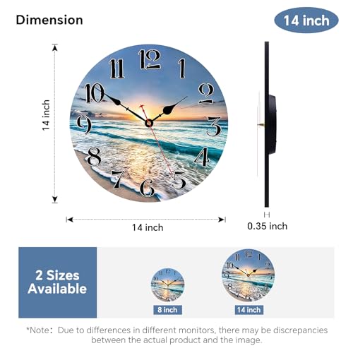 VIKMARI Kitchen Wall Clock - Home Decorative Wall Clock,14 Inch Silent Non-Ticking Quartz Battery Operated Clock, Easy to Read Round Arabic Numerals Ocean Wave Pattern Wooden Wall Clocks