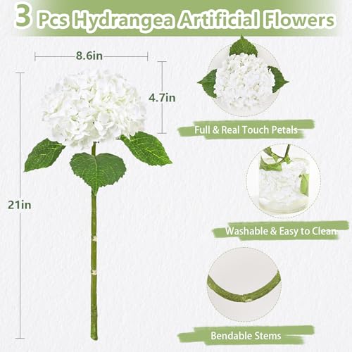 Yastouay 3 Pcs Real Touch Hydrangea Artificial Flowers, 21" White Full Faux Hydrangea Flowers Latex Fake Flowers for Home Decor Party Floral Arrangements Wedding Bouquets Centerpieces Outdoor Decor