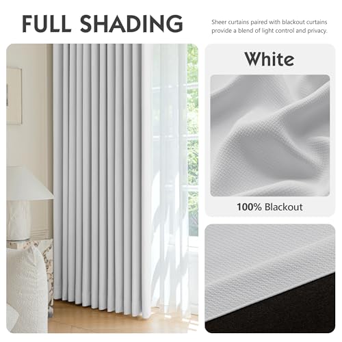 FMFUNCTEX 100% Blackout Curtains for Bedroom, White Back Tab Curtain 90 Inches Long Drapery Thermal Insulated Curtains for Living Room, Black Out Drapes Rod Pocket Room Darkening 2 Panels