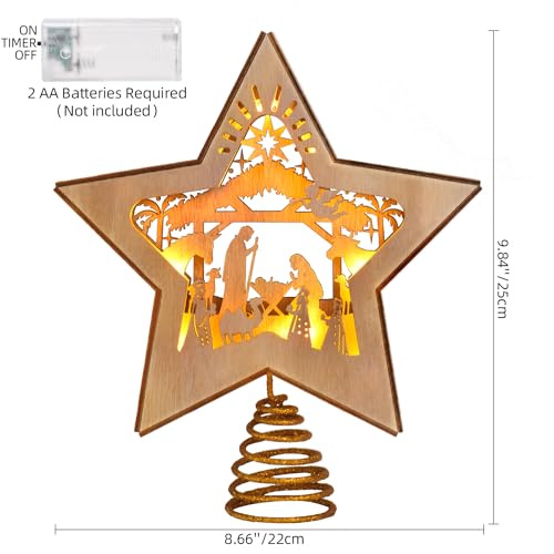 GHOSTMAGIC 3D Wooden Nativity Christmas Tree Star Topper Lighted, LED Xmas Decor Ornaments for Indoor