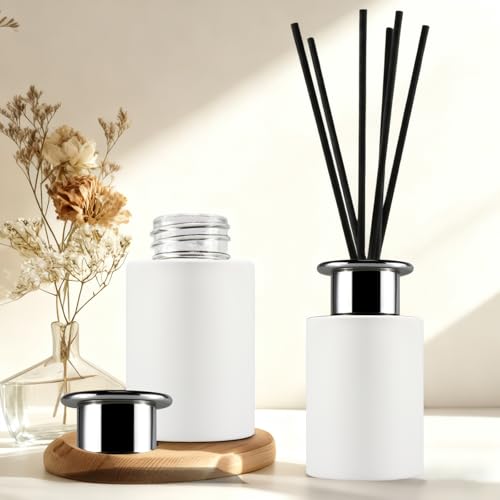 Glass Diffuser Bottles White Diffuser Jars with Silver Caps Set of 4 – 4.2 inches High, 120ml 4.06 Ounce. Fragrance Accessories Use for DIY Replacement Reed Diffuser Sets.
