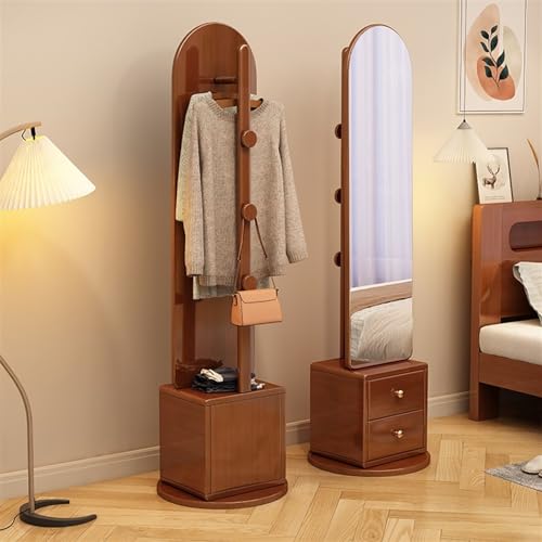 Full Body Mirror, Full-Length Mirror, Full-Length Mirror, Floor-to-Ceiling Mirror, All Solid Wood, Simple, rotatable, Drawer, Clothes Hanger, Coat Rack for Home Bedroom,Bedroom Furniture