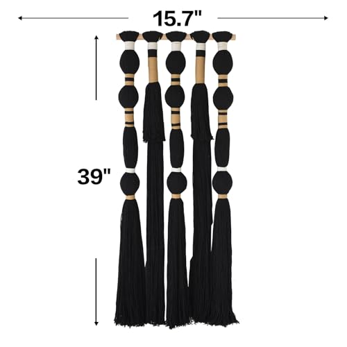 Flber Macrame Wall Hanging Black Sphericity Cotton Tassels Textile Hanging Geometric Yarn Wall Art for Bedroom Living Room Decor 15.7" W x 39" L