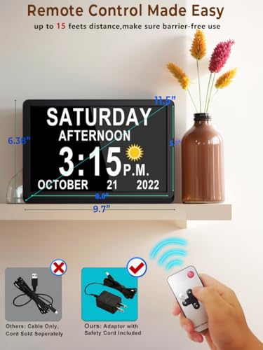 MASSII 11.5" Black +11.5" White Digital Clock with Auto DST and 20 Alarms Custom Reminders, Non-Abbreviated Calendar Day Date Clock for Seniors Dementia Alzheimers'