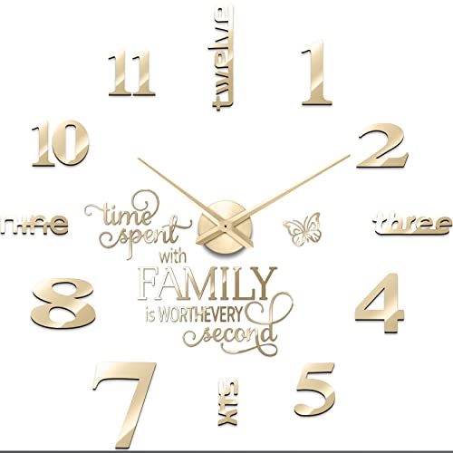 Junkin 3D Large Frameless DIY Wall Clock Modern Decor Family Quote Wall Stickers Clock Kit for Home Living Room Bedroom Office Decorations Adjustable Size(Gold)