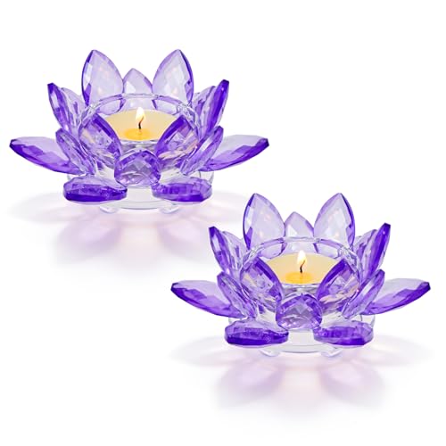 2 Pcs Purple Crystal Lotus Flower Tealight Candle Holder | Glass Votive Candlestick Decor for Home, Wedding, Party & Christmas Table Centerpieces
