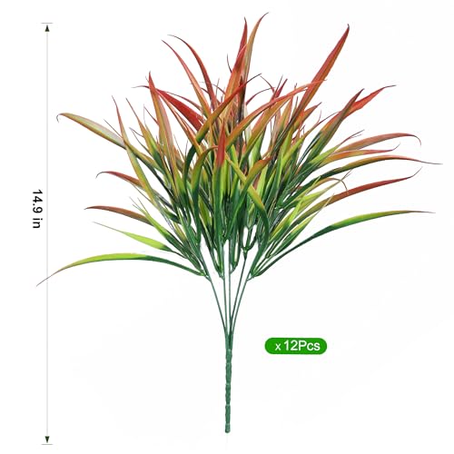 Ivydale 12Pcs Fake Plants Outdoor Artificial Plastic Grass Spring Decoration UV Resistant Faux Greenery Stems Bushes Outside Fake Plants for Planters Patio Porch Window Box Pathway Garden Home Decor