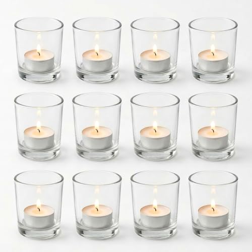 Letine 12-Pack Unscented Tea Light Candles & Glass Votive Holder