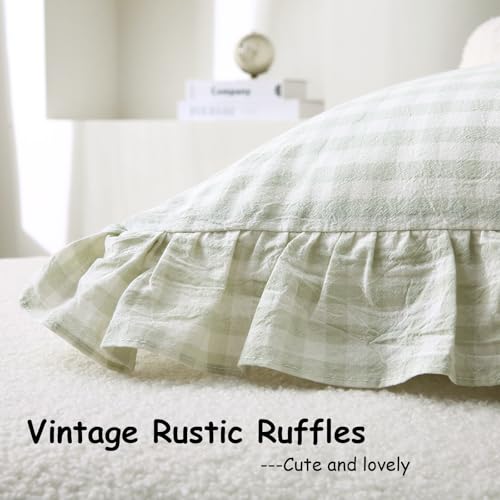 2 Pack Pile Green White Plaid Ruffle Gingham Throw Pillow Covers, 100% Washed Cotton Checkered Farmhouse Decorative Pillow Shams for Bed/Sofa - 18‘’x18''