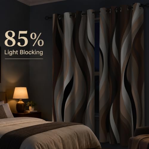 Brown Abstract Blackout Curtain, Stripe Black White Gray Aesthetic Art Window Curtains Living Room Bedroom Decor Darkening Window Drapes Treatments, 2 Panels 52x84 Inch
