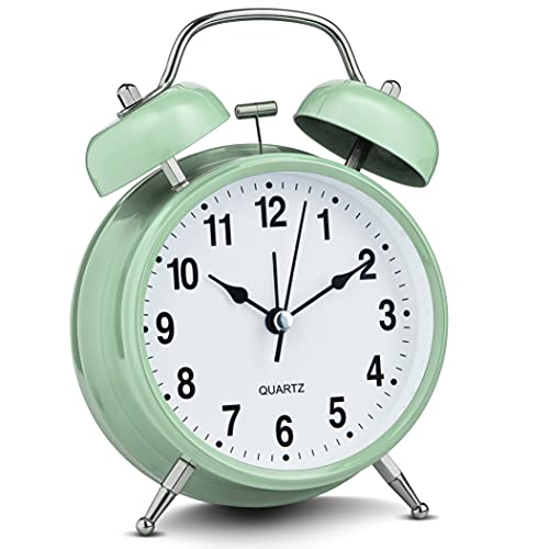 Bernhard Products Analog Alarm Clock 4" Twin Bell Green Silent Non-Ticking Quartz Battery Operated Extra Loud with Backlight for Bedside Table Vintage Retro Style, Decorative Desk Clocks (Pistachio)